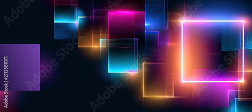 Geometric shapes with vibrant neon edges glow against a dark background