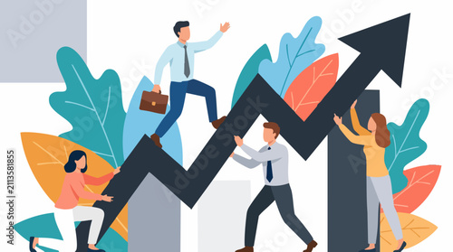 Foto Business team collaborating on rising arrow graph, symbolizing growth and succes