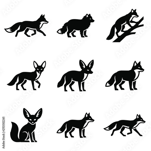 Photography Fox silhouette icon set featuring fennec fox, red fox, and wild animals in vario