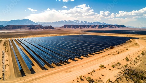 Solar panel rows in sandy desert valley.