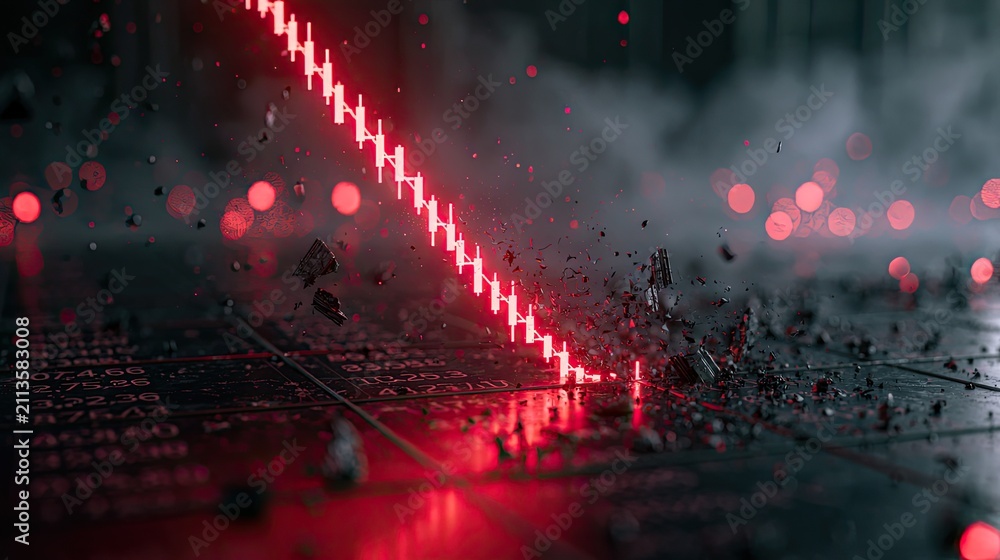 Naklejka premium Red laser beam slicing through data grid, scattering debris and smoke