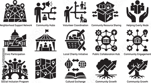 Community Engagement and Civic Support Vector Icon Set Local Charity Volunteer Coordination Social Inclusion and Public Collaboration Symbols