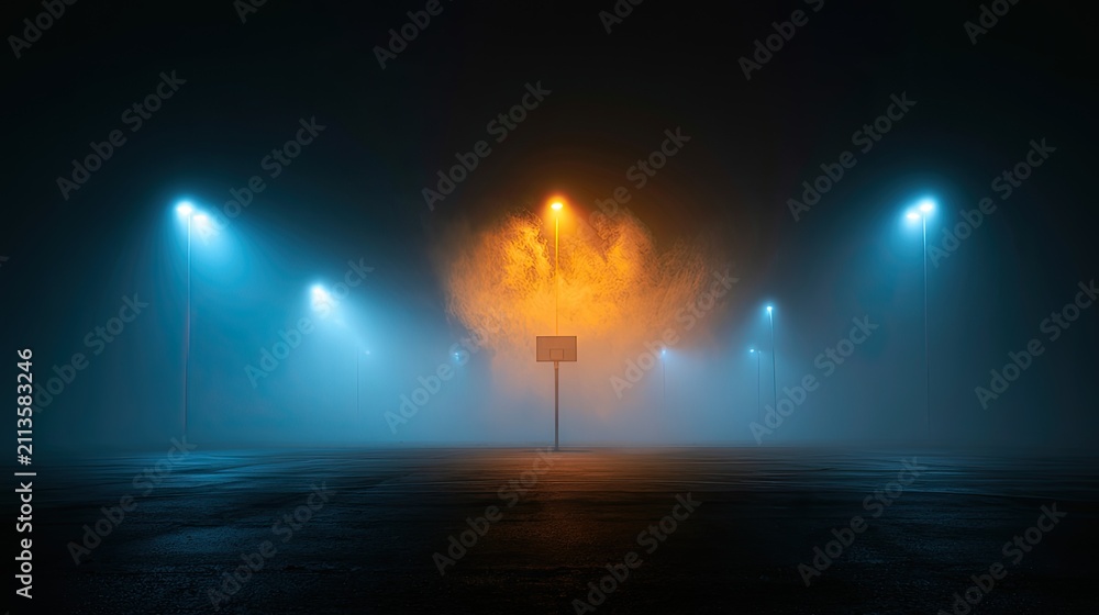 Obraz premium Eerie nighttime street scene with dense fog and glowing lamps