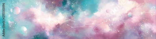 Dreamy Pastel Galaxy Sky with Constellations and Planets