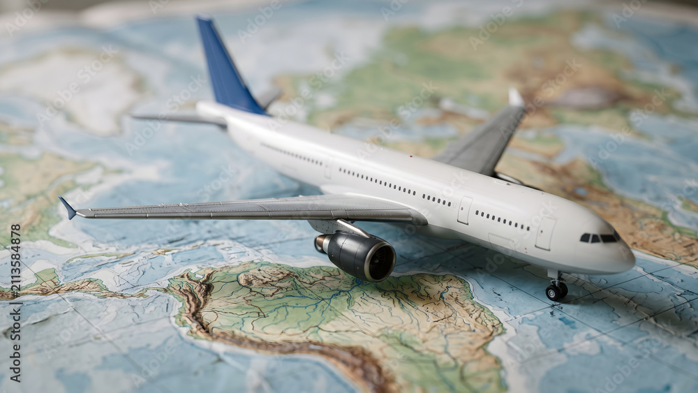 Naklejka premium Model airplane resting on a world map, symbolizing global travel and transportation for tourism and adventure