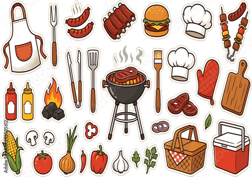 Extensive summer barbecue picnic sticker collection with cooking grill, delicious meats, fresh vegetables, vector illustration