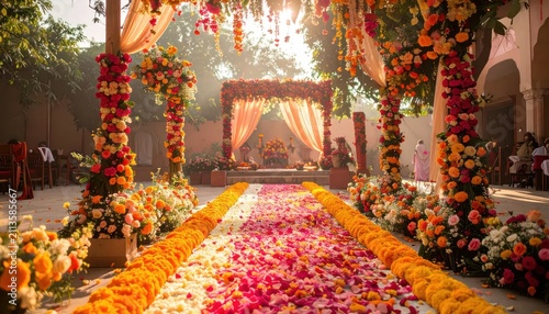 Outdoor wedding aisle with colorful flower petal carpets.