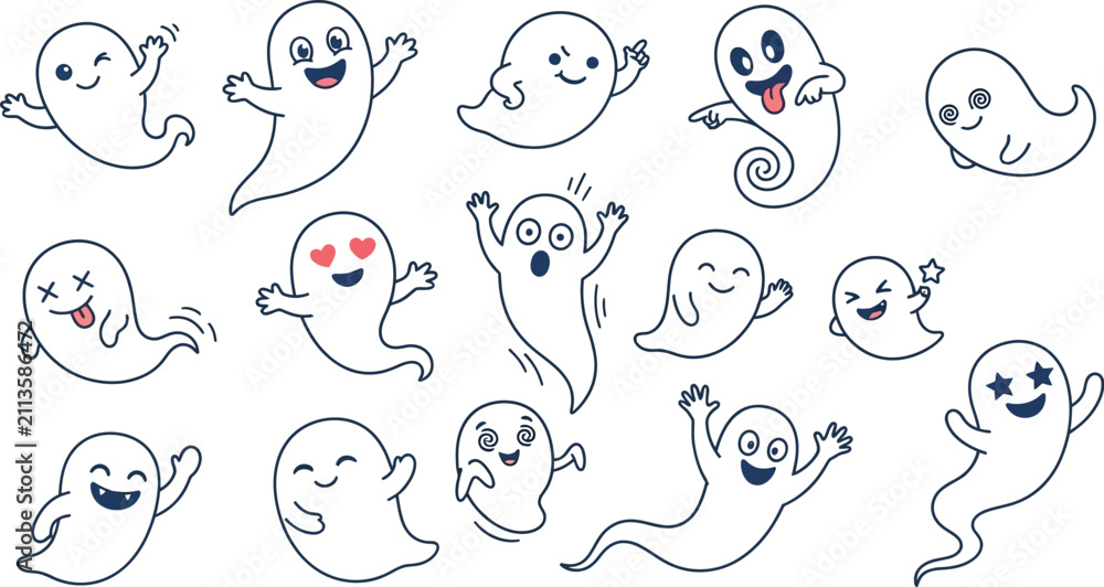 Fototapeta premium A collection of cute hand drawn ghost characters with various expressions perfect for halloween decorations and spooky themed party invitations or digital scrapbooking projects
