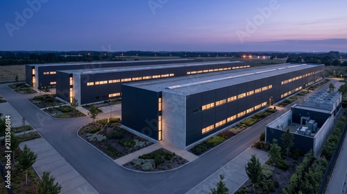 Data center campus at dusk with multiple buildings and warm illuminated windows
