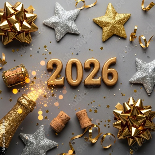2026 New Year Celebration Background with Golden Numbers Champagne Bottle Glitter Stars and Bows for Holiday Party Festive Design