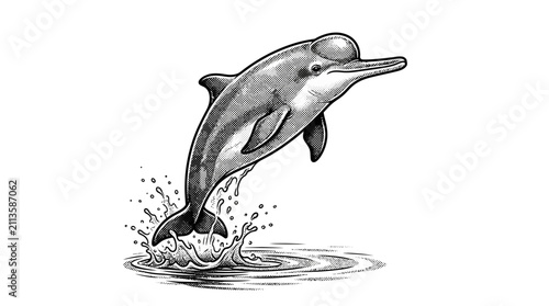 Konstfotografi Engraved jumping dolphin with water splash on white background.