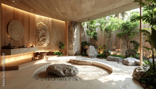 Modern zen spa reception featuring sand garden and stone