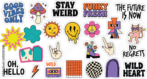 Stay weird funky fresh good vibes only wild heart no regrets colorful stickers featuring mushrooms sun smiley face cat hand gestures flowers and geometric shapes