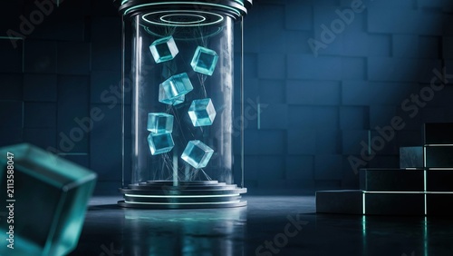 Glass cylinder contains floating glowing cubes within a dark laboratory setting to showcase advanced storage.