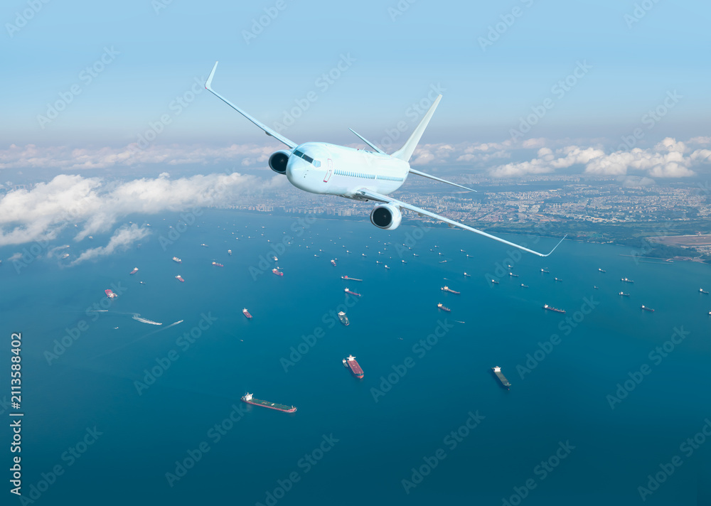 Naklejka premium Aerial view, Oil tankers and gas ships waiting in the bay. Waiting to unload oil load from pipeline in the sea to wait for onward transportation.