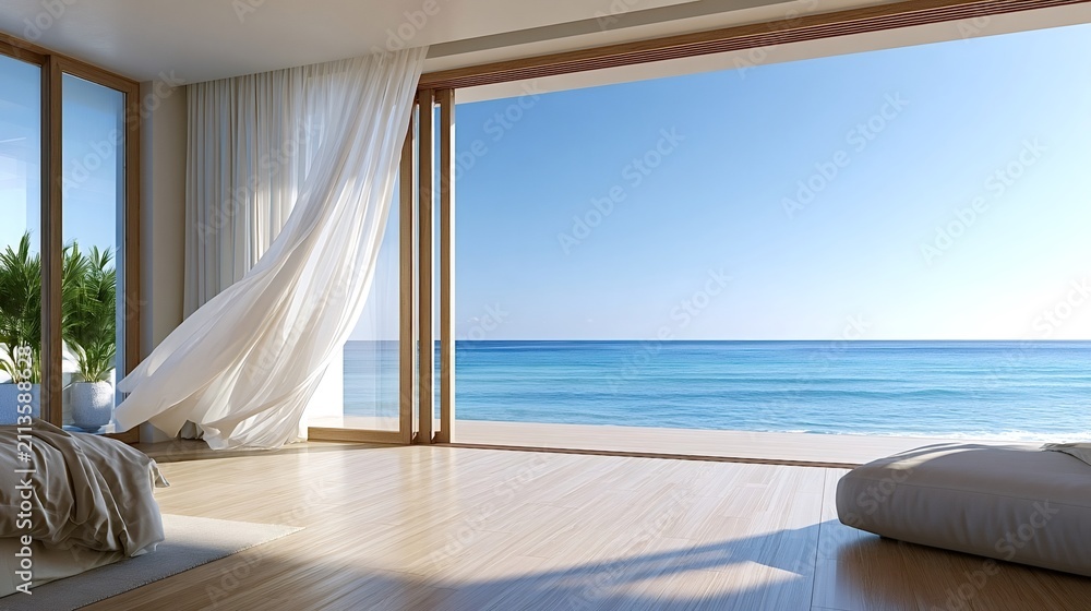 Fototapeta premium Modern resort bedroom featuring an expansive open glass door revealing a stunning blue ocean view, with white curtains blowing gently in the breeze and warm sunlight illuminating the wooden floor