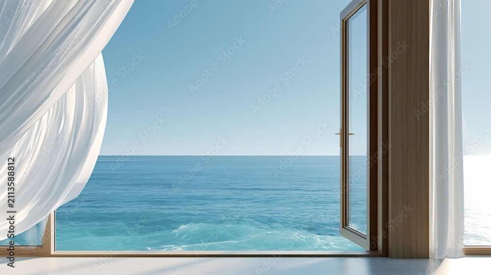 Fototapeta premium Curtains billow from an open window, revealing a beautiful turquoise ocean and clear blue sky, evoking a sense of tranquility, freedom, and vacation