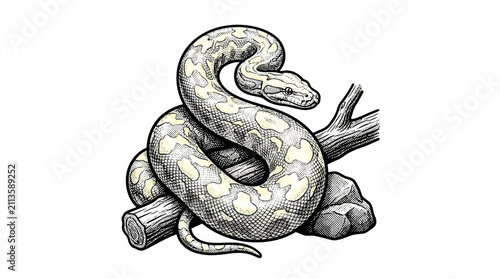 Принти на полотні Snake coiled on a branch and rock drawing.