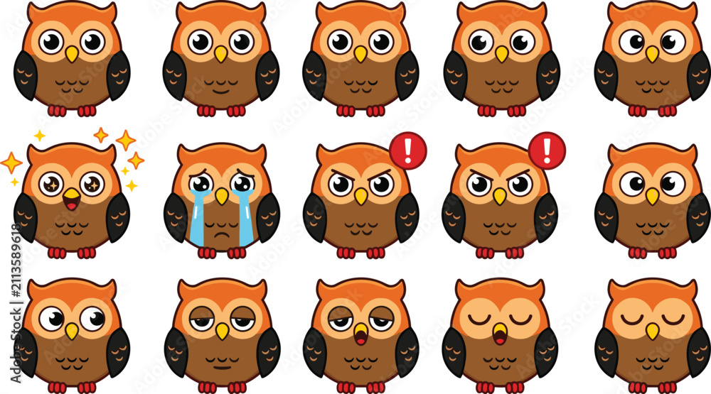 Obraz premium Cute Owl Cartoon Character Vector Emoji Sticker Set with Fifteen Different Facial Expressions and Mood Emoticons Isolated on White Background
