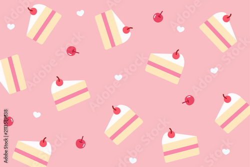Cake seamless pattern. Cake slices with cream filling, cherry topping and scattered hearts on calm pastel pink background. Sweet bakery dessert theme. Seamless vector pattern.