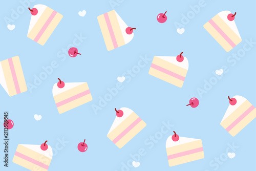 Cake seamless pattern. Cake slices with cream filling, cherry topping and heart accents on calm pastel blue background. Cute pastry theme. Seamless vector pattern.