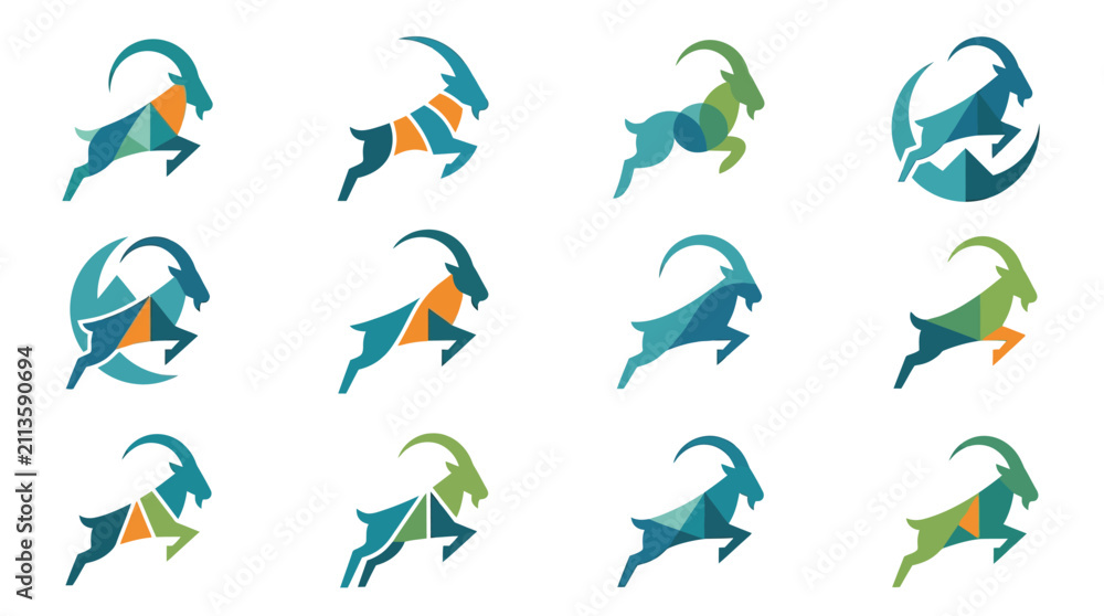 Fototapeta premium Geometric mountain goat and ibex logo collection.