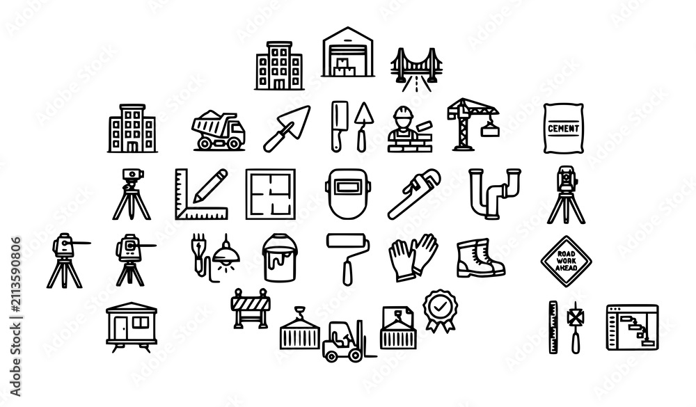 Fototapeta premium Modern Building Construction Line Icon Collection Editable Stroke Architecture Civil Engineering Infrastructure and Contractor Vector Set