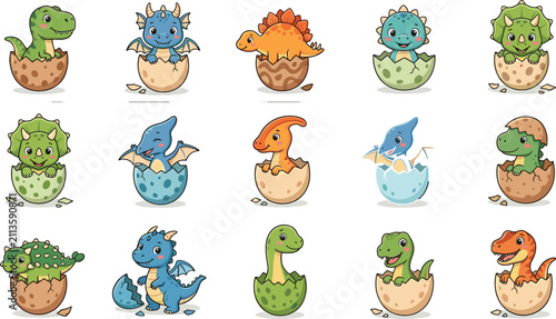 Obraz na płótnie Cute Baby Dinosaurs Hatching from Eggs Vector Cartoon Character Sticker Set with