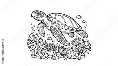 Dynamic Black and White Sea Turtle Swimming Among Coral and Marine Life in Underwater Scene with high quality professional line art symbols for modern creative design and digital branding projects