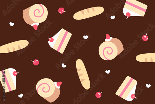 Bakery seamless pattern. Cake slices, baguette bread, roll cakes and scattered hearts on dark brown background. Warm pastry shop theme. Seamless vector pattern.