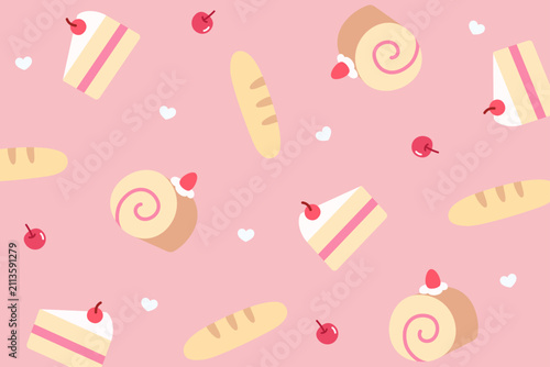 Bakery seamless pattern. Cake slices, baguette bread, roll cakes and scattered hearts on cute pink background. Sweet dessert collection. Seamless vector pattern.