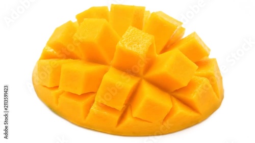Freshly Cut Mango Cubes Isolated on White Background