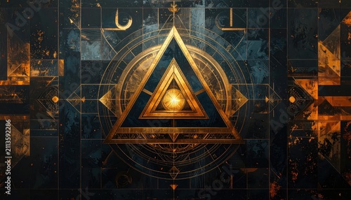Mystical golden pyramid with sacred geometry and dark background.