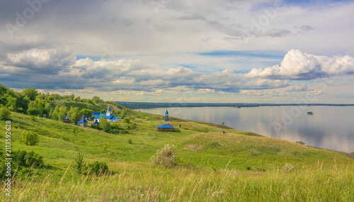 Landscape with a temple complex on the banks of the Volga river