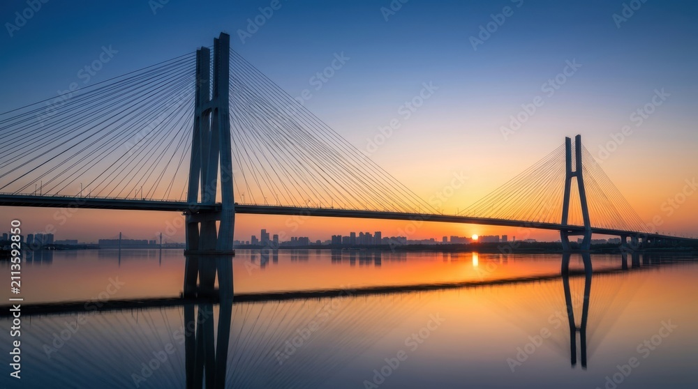 Fototapeta premium Cablestayed bridge over a river at sunset