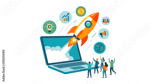 Successful business launch and digital startup growth concept illustration