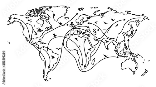 Foto Sleek Black and White of Global Wind Patterns and Ocean Currents on a World Map