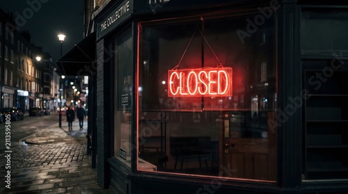 Neon closed sign displayed in a storefront window at night, indicating business closure after operating hours