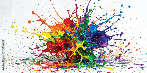 Explosive rainbow pigment burst with expressive splashes on a clean canvas.