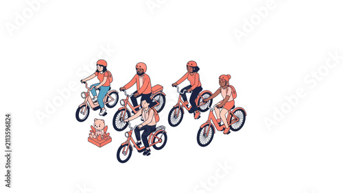 Group of Diverse People Riding Bicycles Flat Vector Illustration