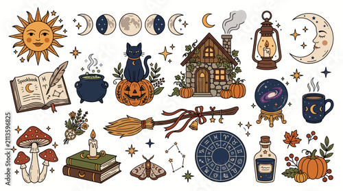 Collection of hand drawn mystical and witchy elements featuring celestial bodies magic tools pumpkins and cozy cottagecore autumn illustrations