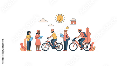 People Commuting on Electric Bikes with Solar Energy Concept Illustration