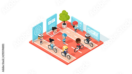 Isometric Smart City Cycling Track with Futuristic Digital UI Screens