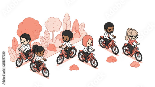 Diverse Group of People Riding Electric Bicycles in Park Chibi Illustration