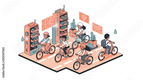 Isometric Smart Green City Illustration with People Cycling and Vertical Gardens