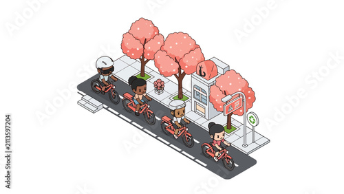 Isometric Vector of People Riding Red Bicycles on a City Street with Pink Cherry Blossom Trees