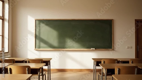 Empty Classroom with Sunlight and Shadows on Desks and Blackboard