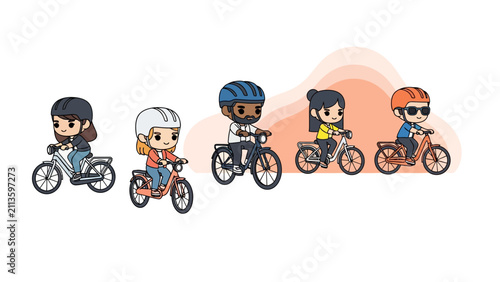 Cartoon Group Riding Bicycles with Safety Helmets. Diverse characters promoting urban cycling, sustainability, and healthy outdoor activities.