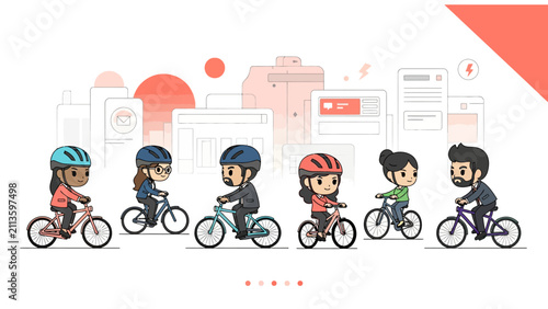 Flat Vector Illustration of Diverse Office Professionals Commuting by Bicycle in a Digital Smart City