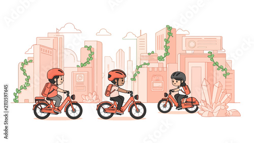 Eco-Friendly Urban Mobility Illustration of Diverse Cyclists in a Stylized City